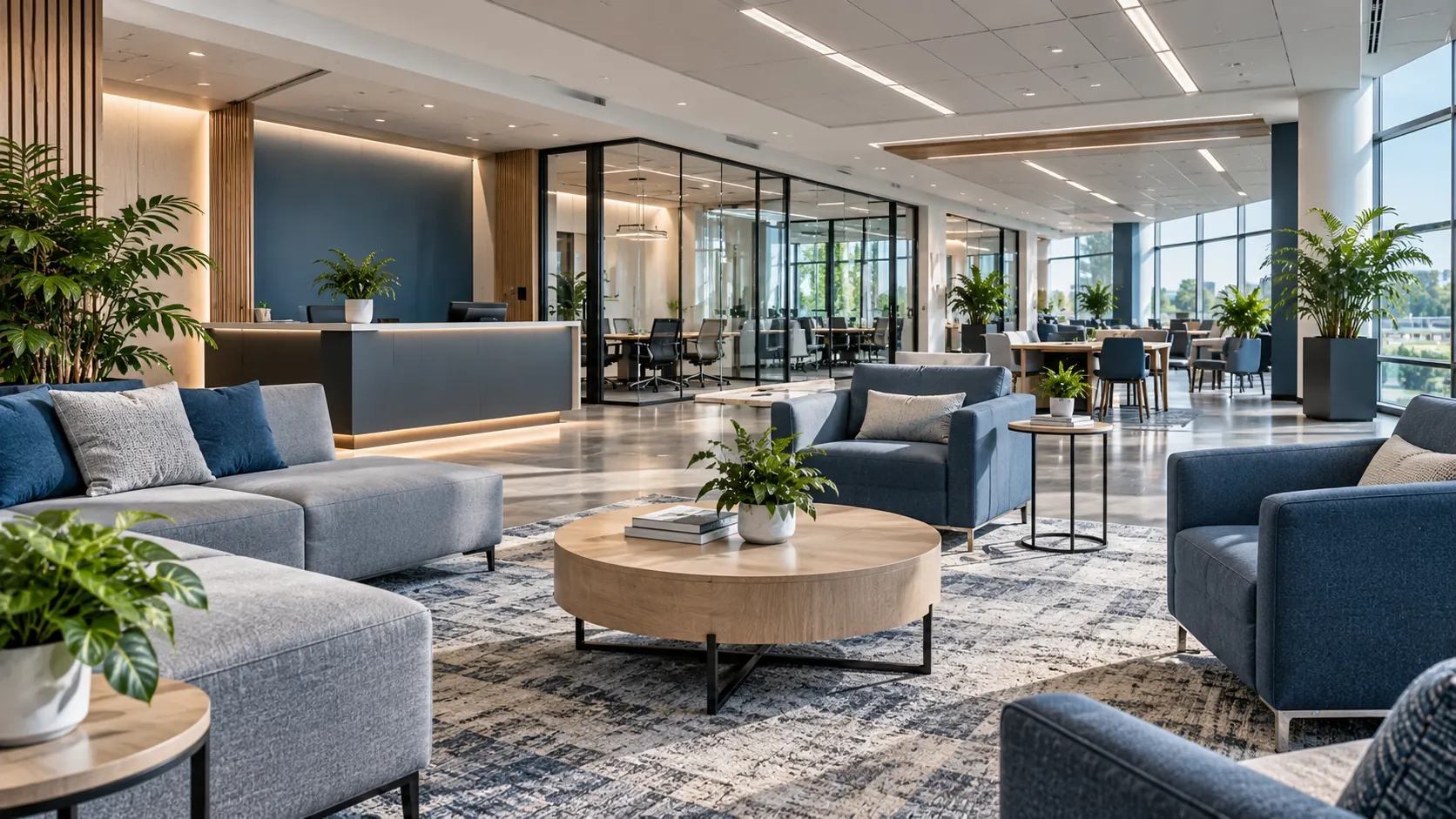 Illustrative contemporary office reception and seating