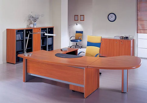 Original NBI installation photograph showing a completed executive workspace